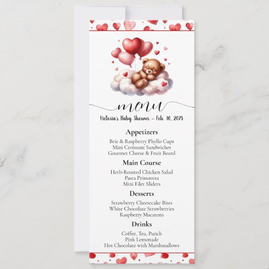 Valentijn Beer Baby shower Menu en Programma (Voorkant)