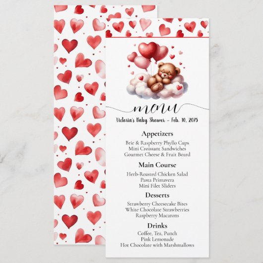 Valentijn Beer Baby shower Menu Kaart (Voorkant / Achterkant)