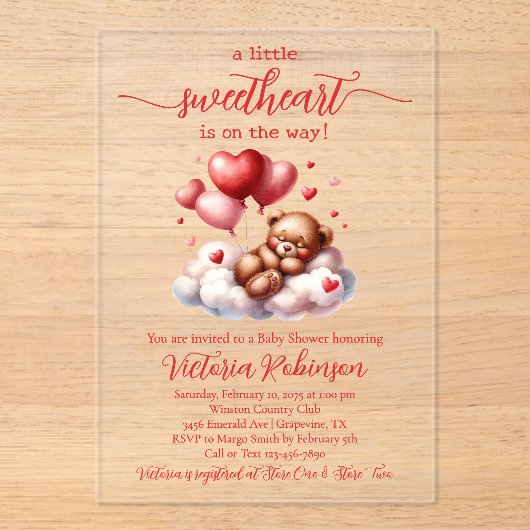 Valentijn Beer Genderneutraal Baby shower Acryl Uitnodigingen (Voorkant)