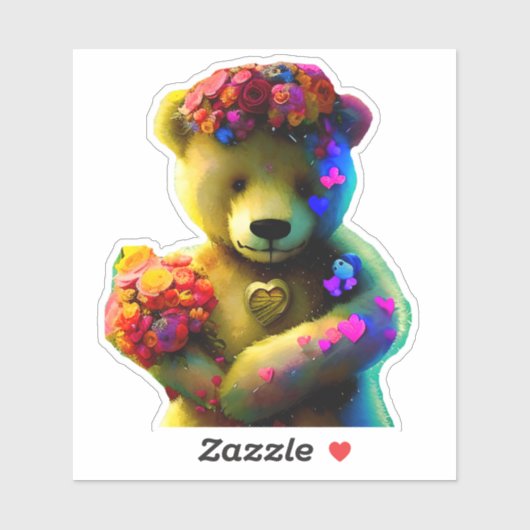Valentijn beer met bloemen en hart sticker (Vel)