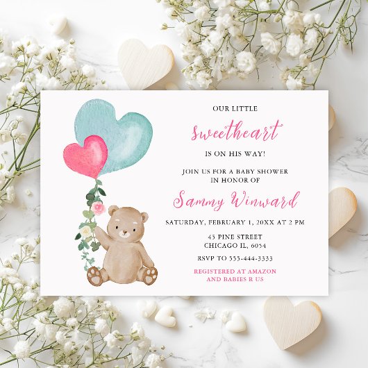 Valentijn Beer Roze en Blauw Hart Baby shower Kaart
