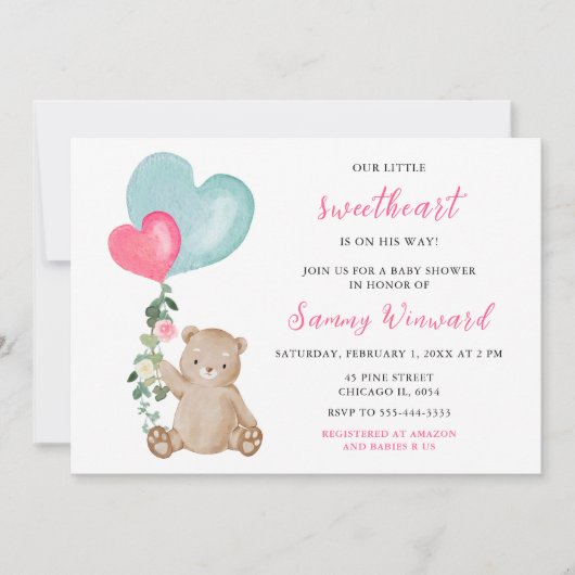 Valentijn Beer Roze en Blauw Hart Baby shower Kaart (Voorkant)