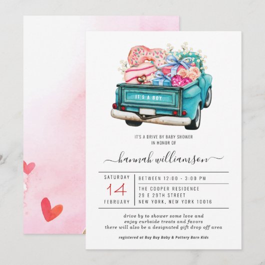 Valentijn Blue Truck | drive-by Baby shower Kaart (Voorkant / Achterkant)