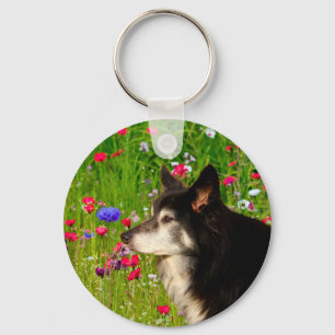 Valentijn Border Collie met mooie bloemetjes Sleutelhanger
