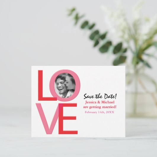Valentijn bruiloft opslaan datum foto liefde Brief Aankondigingskaart (Staand voorkant)
