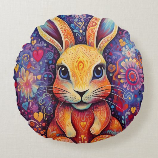 Valentijn Bunny Flowers harten paarse Rond Kussen (Voorkant)