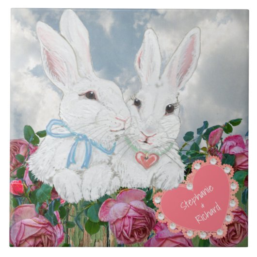 Valentijn Bunny Rabbits Roos Custom Romantic Tegeltje (Voorkant)