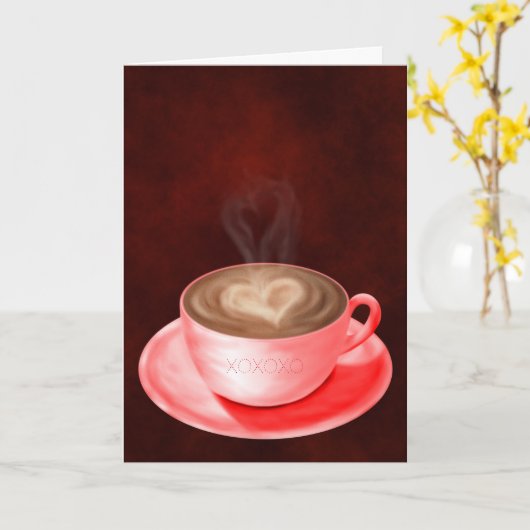 Valentijn Cappuccino Art Heart Kaart (Gele Bloem)