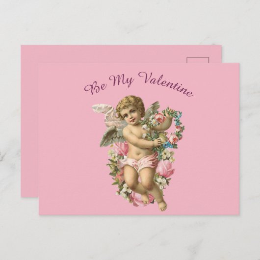 Valentijn cherub met bloemetjes op een roze achter briefkaart (Voorkant / Achterkant)