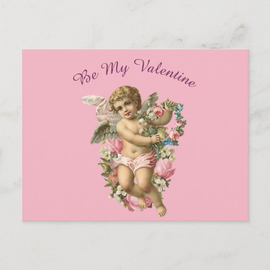 Valentijn cherub met bloemetjes op een roze achter briefkaart (Voorkant)