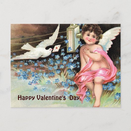 Valentijn -Cherub met Dove Letter & Telefoon Feestdagenkaart (Voorkant)