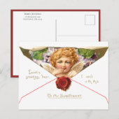 Valentijn Cherub met paarse bloemen Briefkaart (Voorkant / Achterkant)