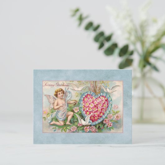  Valentijn Cupid en Floral Heart Feestdagenkaart (Staand voorkant)