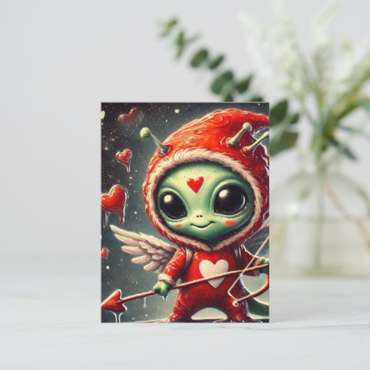 Valentijn Cupid Green Alien Briefkaart (Staand voorkant)