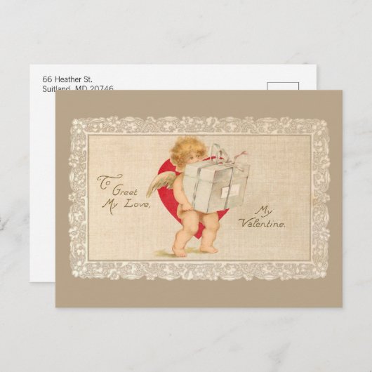 Valentijn Cupid met pakket en rood hart Briefkaart (Voorkant / Achterkant)