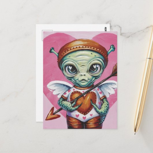 Valentijn Cupido Alien Briefkaart (Voorkant / Achterkant in situ)