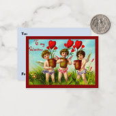 Valentijn Cupids Holding Planten van het rode har Notitiekaartje (Voorkant / Achterkant in situ)