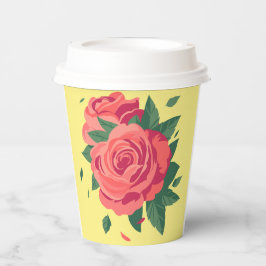 Valentijn cups roze rozen op gele achtergrond papieren bekers