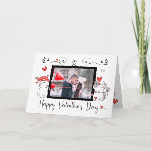 Valentijn Cute Cat Hearts Custom Photo Kaart (Voorkant)