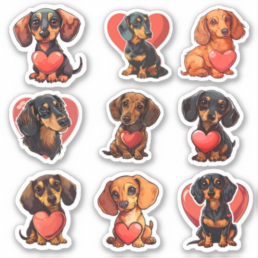 Valentijn Dachshund hondenset van 9 stickers (Voorkant)