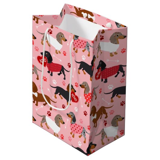 Valentijn Dachshund Medium Gift Bag Medium Cadeauzakje (Voorkant Gekanteld)