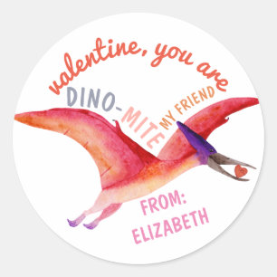 Valentijn Dino-Mite Waterverf Roze Pterosaur Ronde Sticker