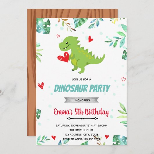 Valentijn dinosaur partijuitnodiging kaart (Voorkant / Achterkant)