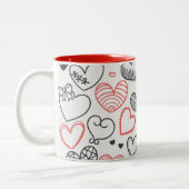 Valentijn doedle harten rode en zwarte hipster tweekleurige koffiemok (Links)