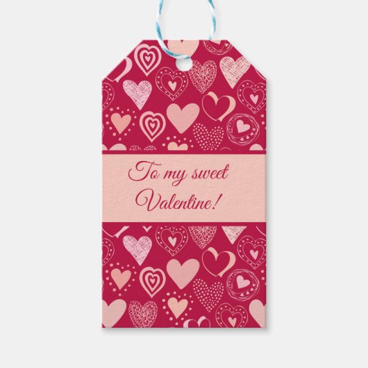 Valentijn donkerroze lieve hartjes cadeaulabel (Voorkant)
