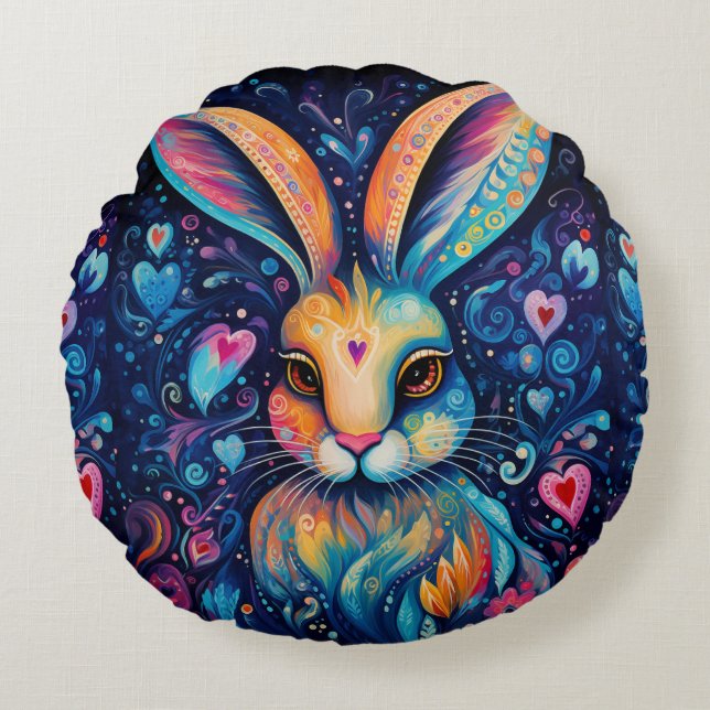 Valentijn Dream Hearts: Regenboog Doodle Bunny Rond Kussen (Voorkant)