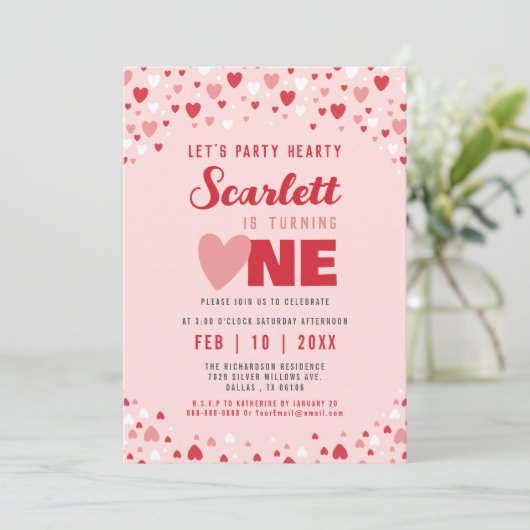 Valentijn Eerste Verjaardagsfeestje Schattige Roze Kaart (Staand voorkant)