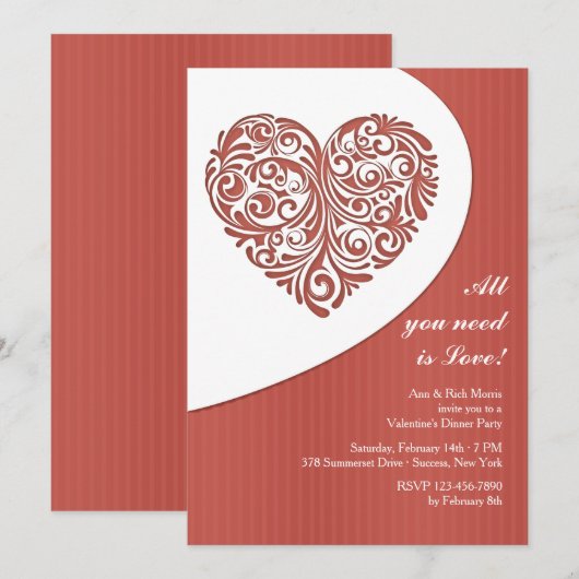 Valentijn Filigree Dinner Party Invitation Kaart (Voorkant / Achterkant)