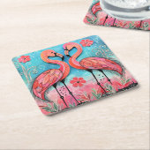 Valentijn Flamingo Kunst Kartonnen Onderzetters (Schuin)