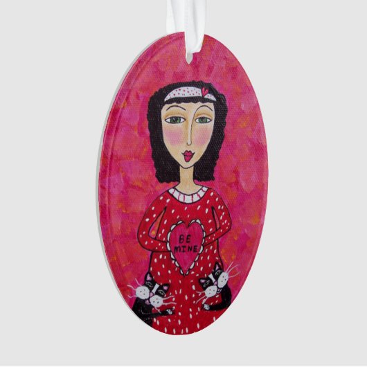 Valentijn Folk Art Lady Heart Black Cats Love Ornament (voorkant)