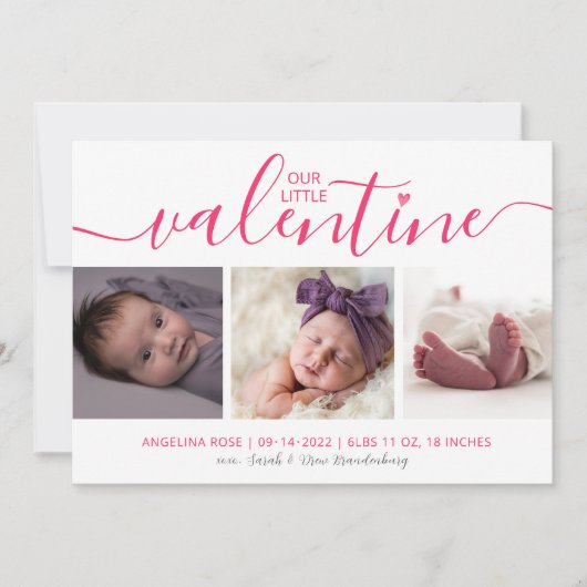 Valentijn geboorteaankondiging 3 Fotoroze harten Feestdagenkaart (Voorkant)