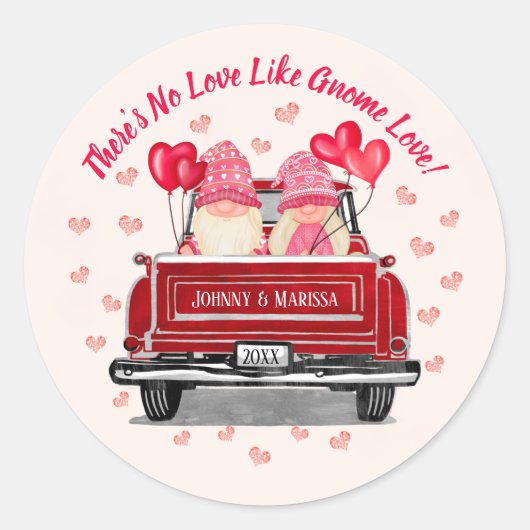 Valentijn Gnome Love Pink Hearts Names Ronde Sticker (Voorkant)