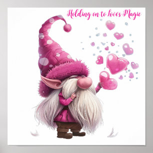 Valentijn Gnome met roze hartballonnen Poster