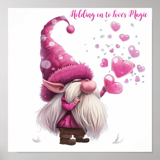 Valentijn Gnome met roze hartballonnen Poster (Voorkant)