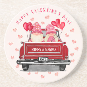 Valentijn Gnomen  Red Truck Pink Hearts Zandsteen Onderzetter