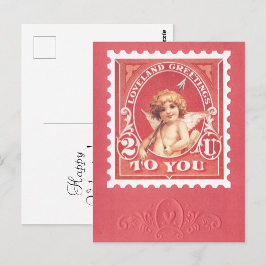 Valentijn Greetings Cupid Red Stamp Briefkaart (Voorkant / Achterkant)