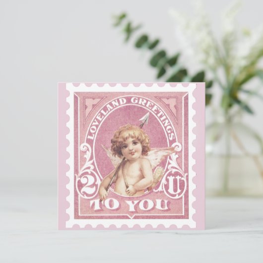 Valentijn groet Cupid roze stempel Valentijnsdag Feestdagenkaart (Staand voorkant)