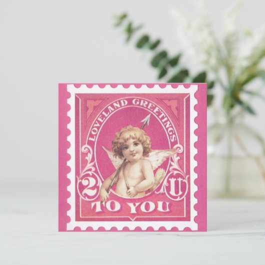 Valentijn Groeten Cupido Rode Stamp Valentijnsdag Feestdagenkaart (Staand voorkant)
