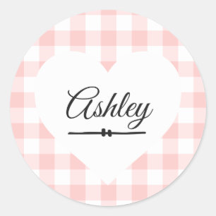 Valentijn Harde roze Gingham Patroonnaam Monogram Ronde Sticker