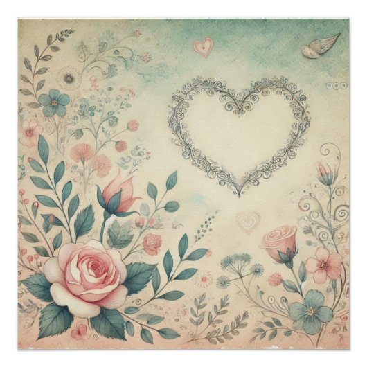 Valentijn Hart Bloemen Pastel waterverf Perfect Poster (Voorkant)