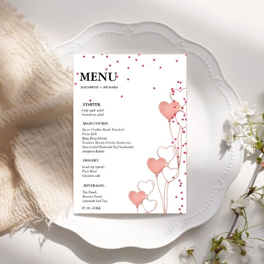 Valentijn Hart bruiloft Vrijgezellenfeest Menu Kaa Kaart