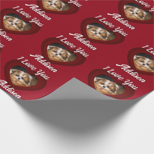 Valentijn hart hond liefde Custom foto naam op roo Cadeaupapier (Hoek)