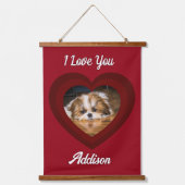 Valentijn hart hond liefde Custom foto naam op roo Hangend Wandkleed (Voorkant)
