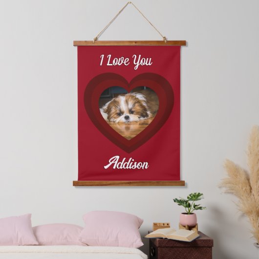 Valentijn hart hond liefde Custom foto naam op roo Hangend Wandkleed (Slaapkamer)