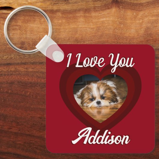 Valentijn hart hond liefde Custom foto naam op roo Sleutelhanger (Voorkant)
