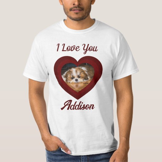 Valentijn hart hond liefde Custom foto naam op roo T-shirt (Voorkant)